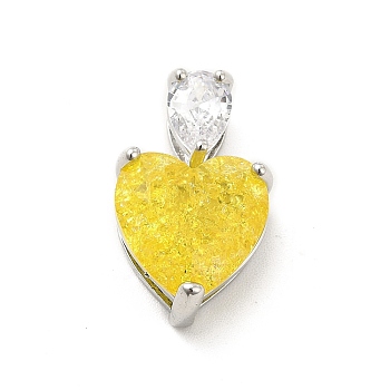 Glass Pendants, with Real Platinum Plated Brass Findings, Heart, Yellow, 20x12.5x7.5mm, Hole: 5.5x2.5mm