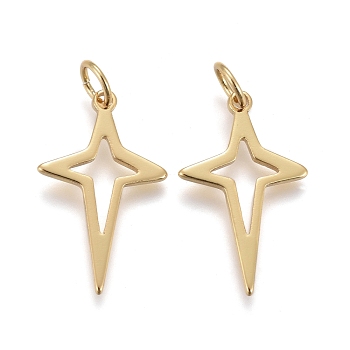 Brass Pendants, with Jump Rings, Long-Lasting Plated, Hollow, Hollow Star, Real 18K Gold Plated, 20x12x1mm, Hole: 3mm