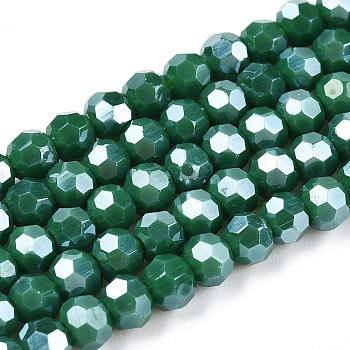 Electroplate Opaque Glass Beads Strands, Faceted(32 Facets), Pearl Luster Plated, Round, Green, 4mm, Hole: 0.7mm, about 87~93pcs/strand, 32~33cm