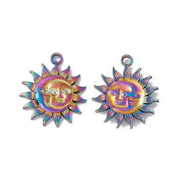 Ion Plating(IP) 304 Stainless Steel Pendants, Sun with Human Face and Moon, Rainbow Color, 30x26x3mm, Hole: 3mm