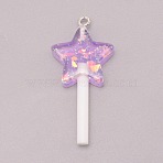 Resin Pendants, with Platinum Tone Iron Loop and Paillette/Sequins, Plastic Handle, Star Lollipop, Violet, 42x20x7mm, Hole: 2mm(RESI-WH0025-11D)