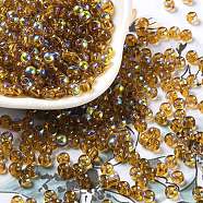 Glass Seed Beads, Half Plated, Transparent Colours Rainbow, Round Hole, Round, Dark Goldenrod, 4x3mm, Hole: 1.2mm, 7500pcs/pound(SEED-H002-A-A622)