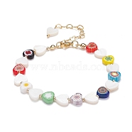 Colorful Heart Flower Beaded Bracelet for Girl Women, Millefiori Glass & Natural Shell Beads Bracelet, Golden, 7-1/4 inch(18.3cm)(BJEW-TA00030)