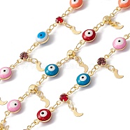 Enamel Evil Eye & Glass Flat Round Link Chains, with Brass Moon Charms, Real 18K Gold Plated, Soldered, Long-Lasting Plated, with Spools, Colorful, 12x6.5x4.5mm, 10x6.5x3mm(CHC-C003-22G-01)