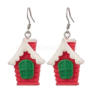 Christmas Resin Dangle Earrings, with 304 Stainless Steel Earring Hooks, House, Red, Stainless Steel Color, 49x21.5mm(EJEW-JE06088)