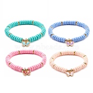 Butterfly Alloy Enamel Charm Bracelet for Teen Girl Women, Handmade Polymer Clay Beads Stretch Bracelet, Golden, Mixed Color, Inner Diameter: 2-1/4 inch(5.8cm)(BJEW-JB06917)
