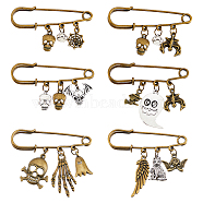 6Pcs 6 Style Skull & Wing & Witch Alloy Charms Safety Pin Brooch, Stainless Steel Lapel Pin for Backpack Clothes, Mixed Color, 28~53x60mm, 1Pc/style(JEWB-PH01257)