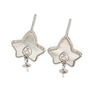 Rhodium Plated 925 Sterling Silver Micro Pave Cubic Zirconia Stud Earrings Findings, with Shell Ginkgo, Maple Leaf, Real Platinum Plated, 16.5x12mm, Pin: 1x11mm(STER-B005-07P)