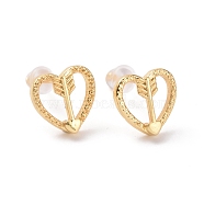 Brass Heart with Arrow Stud Earrings for Valentine's Day, Cadmium Free & Lead Free, Golden, 11x11mm, Pin: 0.9mm(KK-A166-06G)