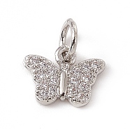 Brass Micro Pave Clear Cubic Zirconia Butterfly Charms, with Open Jump Rings, Platinum, 7.5x10x1.5mm, Ring: 5x0.8mm, Hole: 3mm(ZIRC-F132-43P)