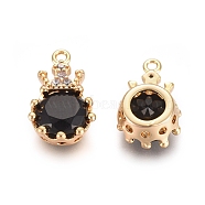 Brass Glass Pendants, Real 18K Gold Plated, Flat Round with Crown, Black & Clear, 12x7x4mm, Hole: 1mm(KK-P138-09G)