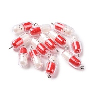 Translucent Plastic Pendants, Pill Capsule Charm, with Platinum Tone Iron Loops, Red, 29x10.5mm, Hole: 2mm(X-KY-L006-29A)