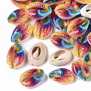 Printed Natural Cowrie Shell Beads, No Hole/Undrilled, with Marine Organism Pattern, Colorful, 18~21x12~15x7mm(X-SSHEL-R047-01-D02)