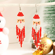 Christmas Style Santa Glass Bead Handmade Dangle Earrings for Women Gift, Platinum, Red, 65x20mm(KA3334)