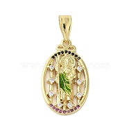 Rack Plating Brass Micro Pave Cubic Zirconia Pendants, with Enamel, Long-Lasting Plated, Cadmium Free & Lead Free, Oval with Saint Charm, Real 18K Gold Plated, 28x16x3.5mm, Hole: 7.5x4.5mm(KK-C052-16G)