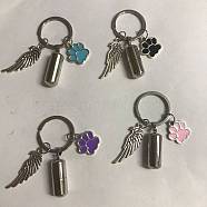 Alloy Enamel Dog Paw Print & 304 Stainless Steel Capsule Pendant Keychains, with Split Key Rings and Wing Pendant, for Car Key Bag Decoration, Mixed Color, 6cm, 4 colors, 1pc/color, 4pcs/set(KEYC-AB00045)