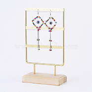 Iron 3-Tier Earring Display Stand, for Hanging Dangle Earring, with Wood Pedestal, Golden, 14.8x26.4x7.5cm(EDIS-E025-04)