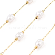 Ion Plating(IP) 304 Stainless Steel Paperclip Chains, Soldered, with ABS Imitation Pearl Beads, Oval, Real 18K Gold Plated, 7.5x6mm, about 16.40 Feet(5m)/Roll(CHS-P018-03B-G)