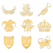 Nickel Decoration Stickers, Metal Resin Filler, Epoxy Resin & UV Resin Craft Filling Material, Golden, Carnival, Face Mask/Trumpet/Crown, 40x40mm, 9pcs/set(DIY-WH0450-111)