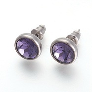 304 Stainless Steel Stud Earrings, with Rhinestone, Flat Round, Tanzanite, 10x6mm, Pin: 0.9mm(EJEW-F182-A10)
