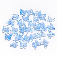 Transparent Spray Painted Glass Charms, with Glitter Powder, Butterfly, Light Sky Blue, 9.5x11x3mm, Hole: 0.8mm(GLAA-T016-21A)