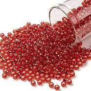 TOHO Round Seed Beads, Japanese Seed Beads, (25) Silver Lined Light Siam Ruby, 8/0, 3mm, Hole: 1mm, about 222pcs/bottle, 10g/bottle(SEED-JPTR08-0025)