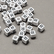 Large Hole Acrylic Letter European Beads, Horizontal Hole, White & Black, Cube with Letter, Letter.R, 8x8x8mm, Hole: 4mm, about 1144pcs/500g(SACR-Q103-8mm-01R)