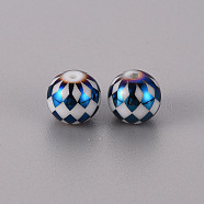 Electroplate Glass Beads, Round with Grid Pattern, Blue Plated, 10mm, Hole: 1.2mm(EGLA-Q123-013F)