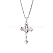 Brass Micro Pave Clear Zirconia Cross Pendant Necklaces, 201 Stainless Steel Chains Necklaces, Stainless Steel Color, 23.62 inch(60cm), Cross: 33x19mm(NJEW-M211-05E-P)