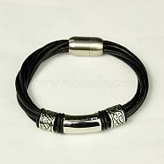 Leather Cord Bracelets, with Stainless Steel Findings and Magnetic Clasps, Black, 205x9mm(X-BJEW-C337-12)