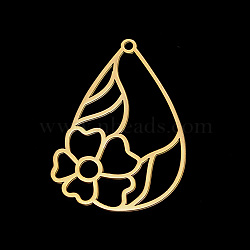 PVD Vacuum Plating 201 Stainless Steel Pendants, Laser Cut, Teardrop with Flower, Golden, 34x24.5x1mm, Hole: 1.6mm(STAS-T056-LA701-2)