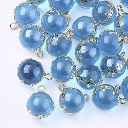 Transparent Glass Pendants, with Brass Findings, Round, Light Gold, Dodger Blue, 17x13x12.5mm, Hole: 2mm(GLAA-T007-04C)