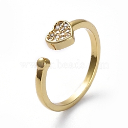 Adjustable Brass Cuff Finger Rings, with Micro Pave Cubic Zirconia, Heart, Clear, Golden, Size 7, 17.7mm(X-RJEW-G096-25G)