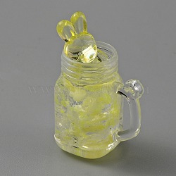 Transparent Resin Pendants, with Polymer Clay Inside, Cup with Rabbit Charms, Yellow, 47x27.6x19mm, Hole: 2mm(RESI-WH0029-44F)