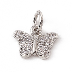 Brass Micro Pave Clear Cubic Zirconia Butterfly Charms, with Open Jump Rings, Platinum, 7.5x10x1.5mm, Ring: 5x0.8mm, Hole: 3mm(ZIRC-F132-43P)