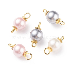 Shell Pearl Bead Connector Charms, with Golden Tone Brass & Alloy Findings, Dyed, Round, Mixed Color, 17.5x8mm, Hole: 1.5~3mm(PALLOY-JF01350)