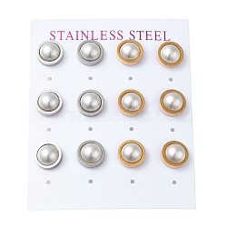 PVD Vacuum Plating 304 Stainless Steel Stud Earring, with Plastic Imitation Pearl, Flat Round, Golden & Stainless Steel Color, 10mm, 12pcs/set(EJEW-C099-02GP)