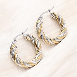 304 Stainless Steel Two Tone Hoop Earrings, Twist Ring, Ion Plating(IP), Golden & Stainless Steel Color, 24x5mm(EJEW-B150-01D)