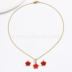 Acrylic Flower Jewelry Set, Real 18K Gold Plated Stainless Steel Stud Earring & Pendant Necklace, Red, 17.32inch(44cm), 13x13mm(VN0108-1)