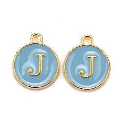 Golden Plated Alloy Enamel Charms, Cadmium Free & Lead Free, Enamelled Sequins, Flat Round with Letter, Sky Blue, Letter.J, 14x12x2mm, Hole: 1.5mm(X-ENAM-S118-04J)