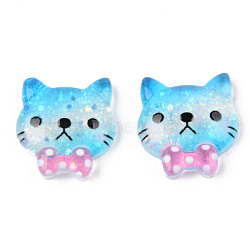 Resin Cabochons, with Glitter Sequins, Cat, Deep Sky Blue, 20x19x6mm(X-CRES-N024-17)