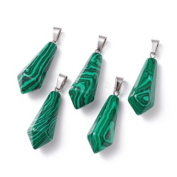 Synthetic Malachite Pointed Pendants, with Platinum Plated Brass Loops, Bullet, 35.3~38x13~14mm, Hole: 6.5x2.8mm(G-I314-02P-12)