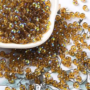 Glass Seed Beads, Half Plated, Transparent Colours Rainbow, Round Hole, Round, Dark Goldenrod, 4x3mm, Hole: 1.2mm, 7500pcs/pound