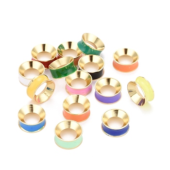 Grooved Brass Enamel Beads, Real 18K Gold Plated, Ring, Mixed Color, 12x5mm, Inner Diameter: 7mm