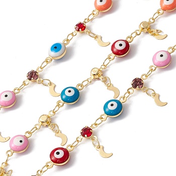 Enamel Evil Eye & Glass Flat Round Link Chains, with Brass Moon Charms, Real 18K Gold Plated, Soldered, Long-Lasting Plated, with Spools, Colorful, 12x6.5x4.5mm, 10x6.5x3mm