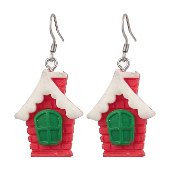 Christmas Resin Dangle Earrings, with 304 Stainless Steel Earring Hooks, House, Red, Stainless Steel Color, 49x21.5mm