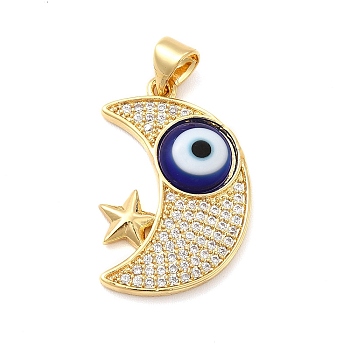 Rack Plating Brass Micro Pave Clear Cubic Zirconia Pendants, with Handmade Evil Eye Lampwork, Cadmium Free & Lead Free, Long-Lasting Real 18K Gold Plated, Moon with Star Charm, Blue, 25x16.5x4mm, Hole: 5x3.5mm