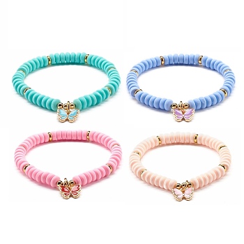 Butterfly Alloy Enamel Charm Bracelet for Teen Girl Women, Handmade Polymer Clay Beads Stretch Bracelet, Golden, Mixed Color, Inner Diameter: 2-1/4 inch(5.8cm)