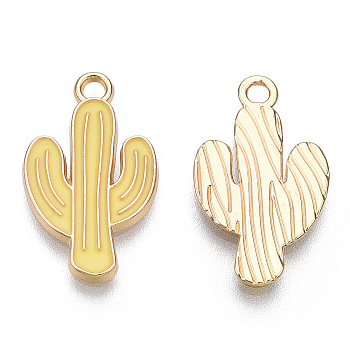 Light Gold Plated Alloy Pendants, with Enamel, Cactus, Pale Goldenrod, 21x12.5x1.5mm, Hole: 1.8mm