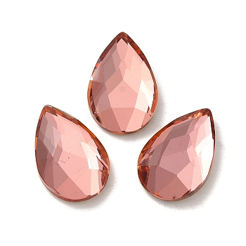Glass Rhinestone Cabochons, Flat Back & Back Plated, Faceted, Teardrop, Padparadscha, 14x9x3.5mm